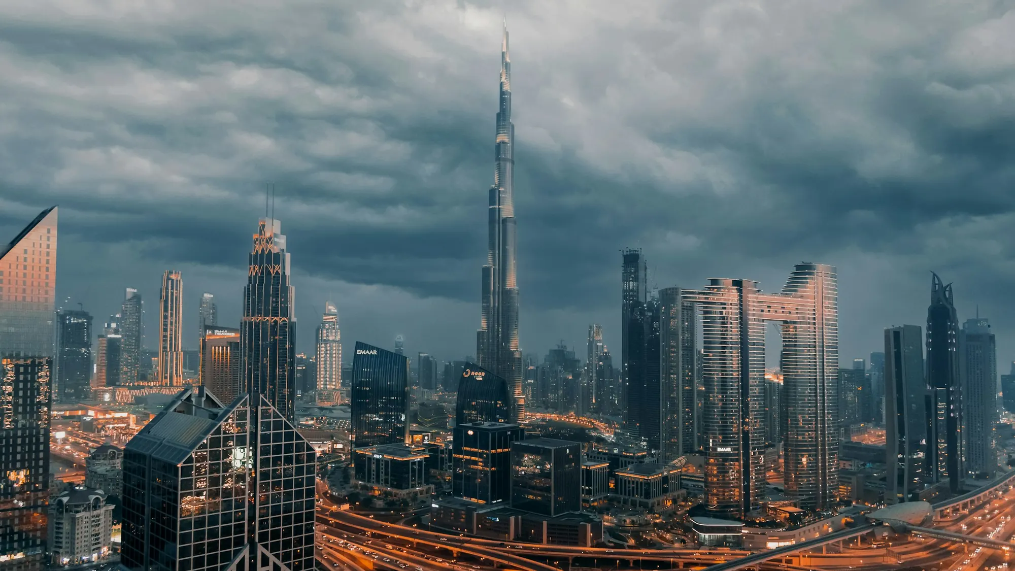 Storm clouds over a city skyline