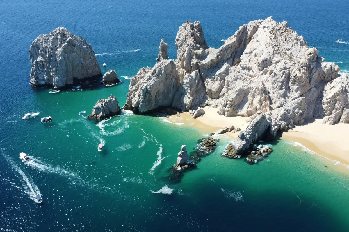 Aerial view of the rock arch at Land’s End, Cabo San Lucas